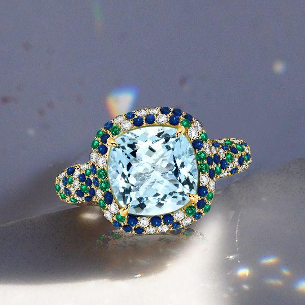 Cushion Cut Aquamarine Wedding Ring - 18K Gold Plated Sterling Silver