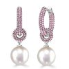 Pink Sapphire & Pearl Drop Earrings - 925 Sterling Silver, Elegant Bridal Jewelry