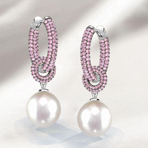 Pink Sapphire & Pearl Drop Earrings - 925 Sterling Silver, Elegant Bridal Jewelry