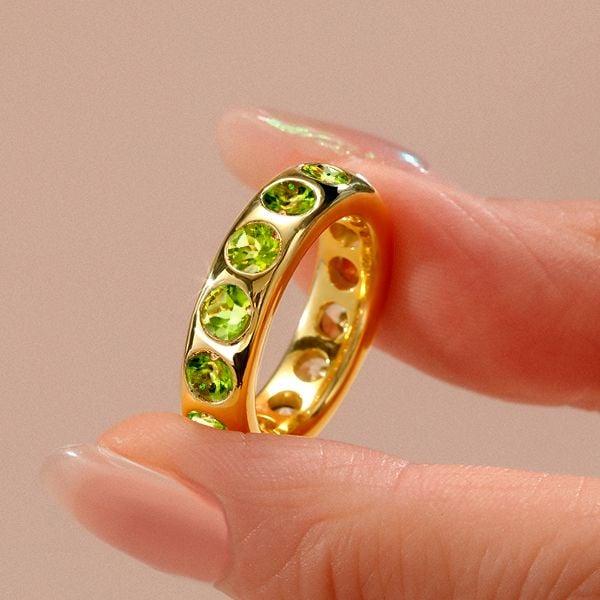 Flush Setting Peridot Wedding Band Anniversary Ring in Sterling Silver