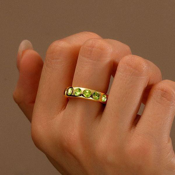 Flush Setting Peridot Wedding Band Anniversary Ring in Sterling Silver