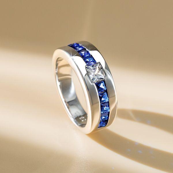 Princess Cut Blue Sapphire Half Eternity Band Ring in Rhodium Plated Sterling Silver