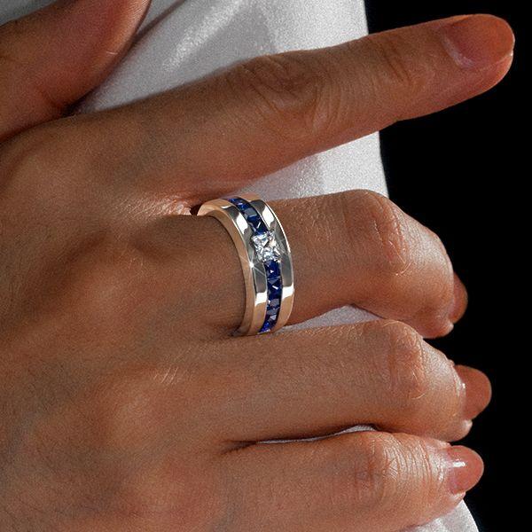 Princess Cut Blue Sapphire Half Eternity Band Ring in Rhodium Plated Sterling Silver