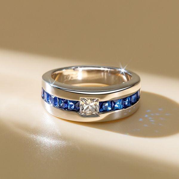 Princess Cut Blue Sapphire Half Eternity Band Ring in Rhodium Plated Sterling Silver