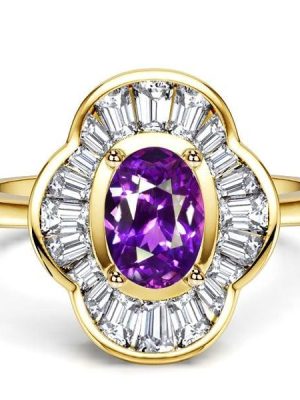 18K Gold Plated Sterling Silver Oval Amethyst Halo Engagement Ring