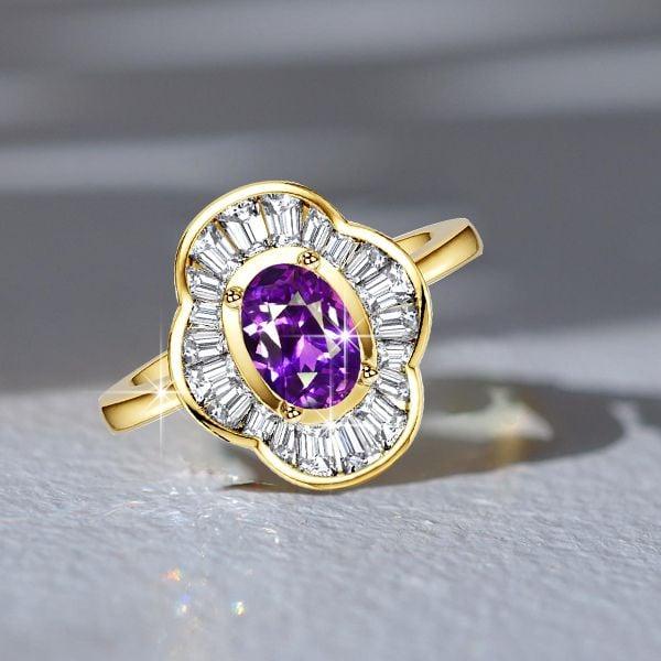 18K Gold Plated Sterling Silver Oval Amethyst Halo Engagement Ring