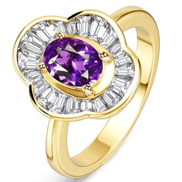 18K Gold Plated Sterling Silver Oval Amethyst Halo Engagement Ring