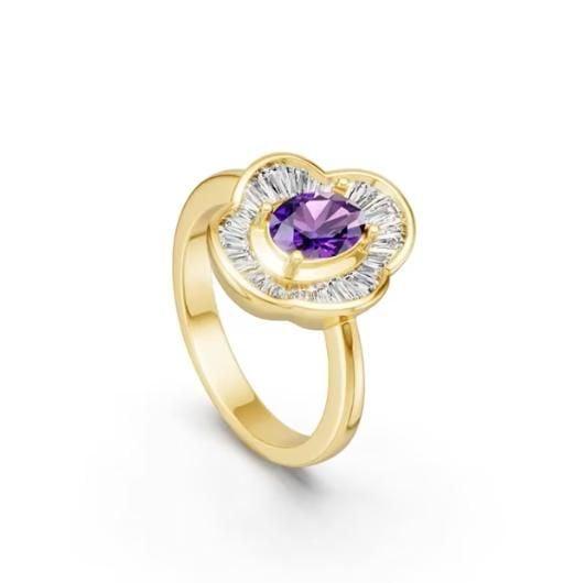 18K Gold Plated Sterling Silver Oval Amethyst Halo Engagement Ring