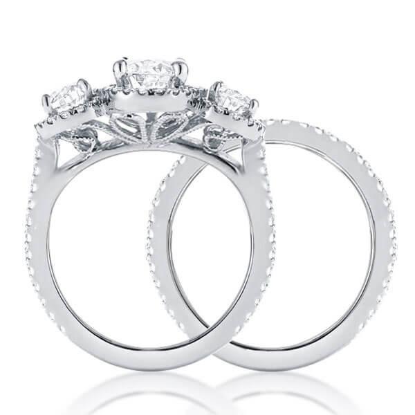 Floral Halo Wedding Ring Set - Sterling Silver & White Sapphire Bridal Set