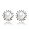 Halo White Pearl Stud Earrings - 925 Sterling Silver, 8-8.5mm Natural Pearls