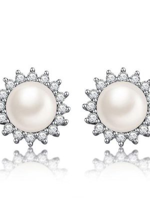 Halo White Pearl Stud Earrings - 925 Sterling Silver, 8-8.5mm Natural Pearls