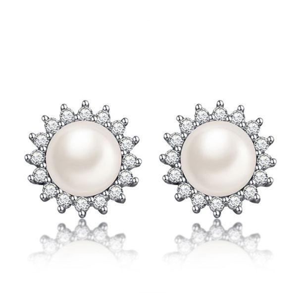 Halo White Pearl Stud Earrings - 925 Sterling Silver, 8-8.5mm Natural Pearls