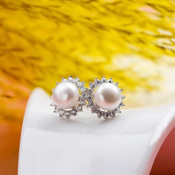 Halo White Pearl Stud Earrings - 925 Sterling Silver, 8-8.5mm Natural Pearls