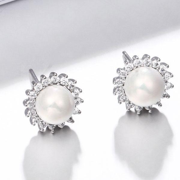 Halo White Pearl Stud Earrings - 925 Sterling Silver, 8-8.5mm Natural Pearls