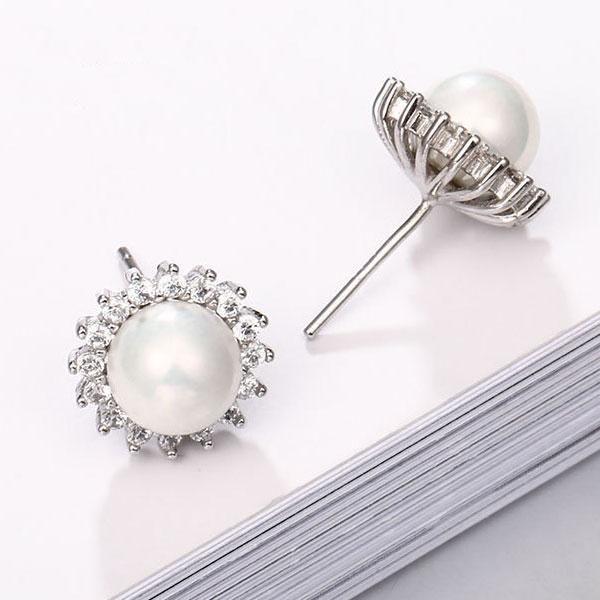 Halo White Pearl Stud Earrings - 925 Sterling Silver, 8-8.5mm Natural Pearls