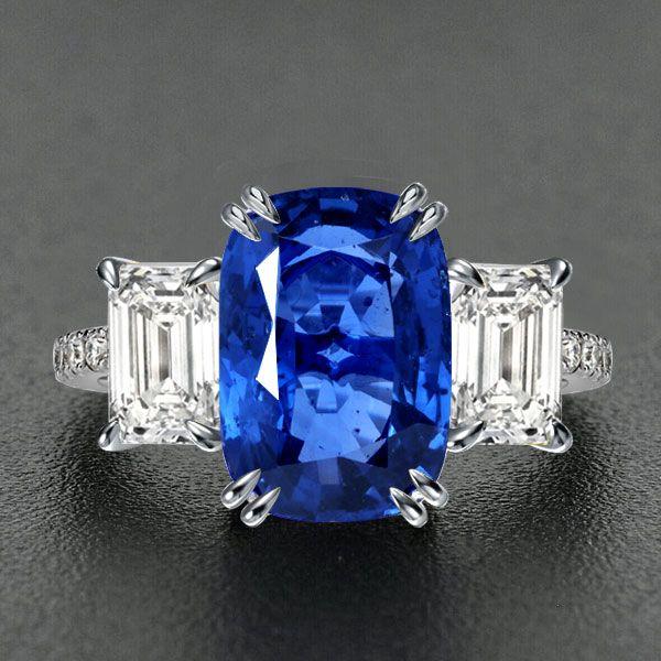 Cushion Cut Sapphire Three Stone Ring in Sterling Silver