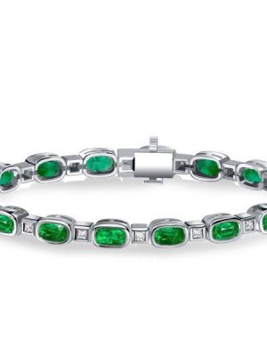 Emerald Tennis Bracelet - Bezel Set Cushion Cut - Sterling Silver