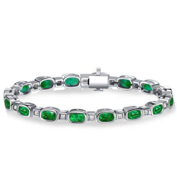 Emerald Tennis Bracelet - Bezel Set Cushion Cut - Sterling Silver