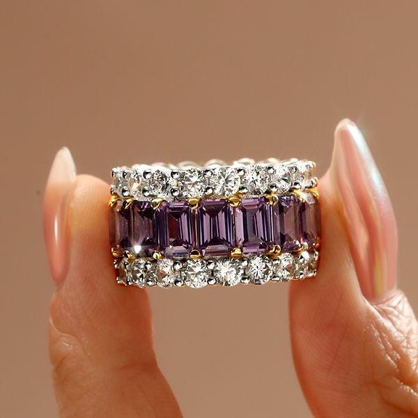 Two-Tone Triple Row Eternity Band with Created Amethyst Wedding Ring in Sterling Silver