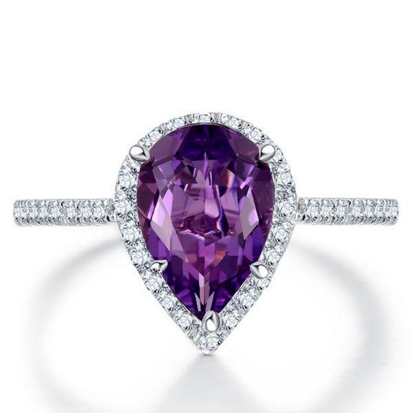Pear Amethyst Halo Engagement Ring in Sterling Silver