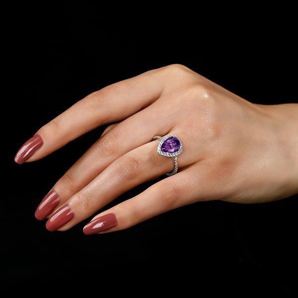 Pear Amethyst Halo Engagement Ring in Sterling Silver