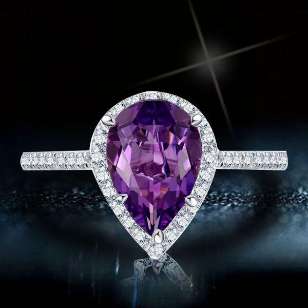 Pear Amethyst Halo Engagement Ring in Sterling Silver