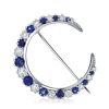 Antique Blue Sapphire Crescent Sterling Silver Brooch for Women - 925 Silver