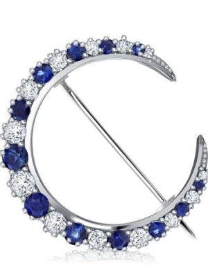 Antique Blue Sapphire Crescent Sterling Silver Brooch for Women - 925 Silver