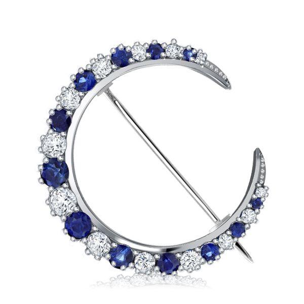 Antique Blue Sapphire Crescent Sterling Silver Brooch for Women - 925 Silver