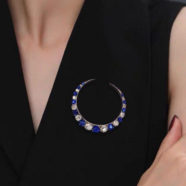 Antique Blue Sapphire Crescent Sterling Silver Brooch for Women - 925 Silver