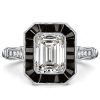 Emerald Cut Black Engagement Ring - Sterling Silver Halo Vintage Style