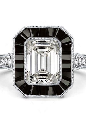 Emerald Cut Black Engagement Ring - Sterling Silver Halo Vintage Style