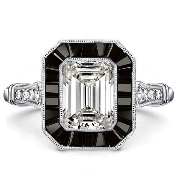 Emerald Cut Black Engagement Ring - Sterling Silver Halo Vintage Style