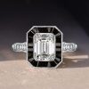 Emerald Cut Black Engagement Ring - Sterling Silver Halo Vintage Style