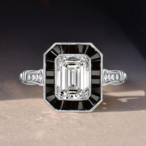 Emerald Cut Black Engagement Ring - Sterling Silver Halo Vintage Style