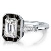 Emerald Cut Black Engagement Ring - Sterling Silver Halo Vintage Style