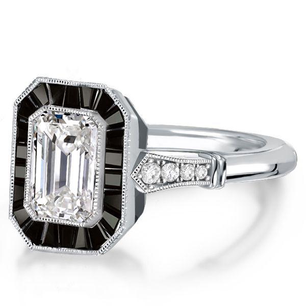 Emerald Cut Black Engagement Ring - Sterling Silver Halo Vintage Style