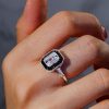 Emerald Cut Black Engagement Ring - Sterling Silver Halo Vintage Style