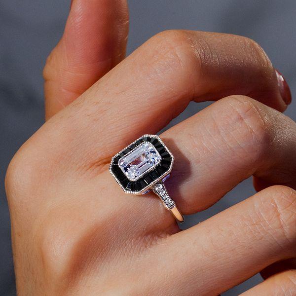 Emerald Cut Black Engagement Ring - Sterling Silver Halo Vintage Style