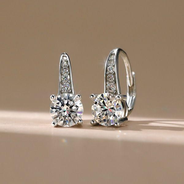 Round White Sapphire Pave Drop Earrings in Sterling Silver - Leverback