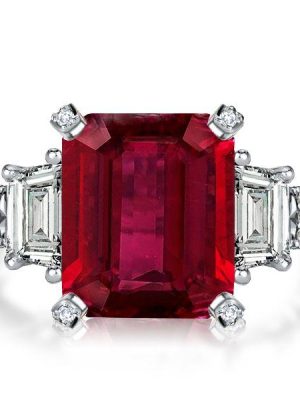 Ruby & Emerald Cut Three Stone Engagement Ring in Sterling Silver