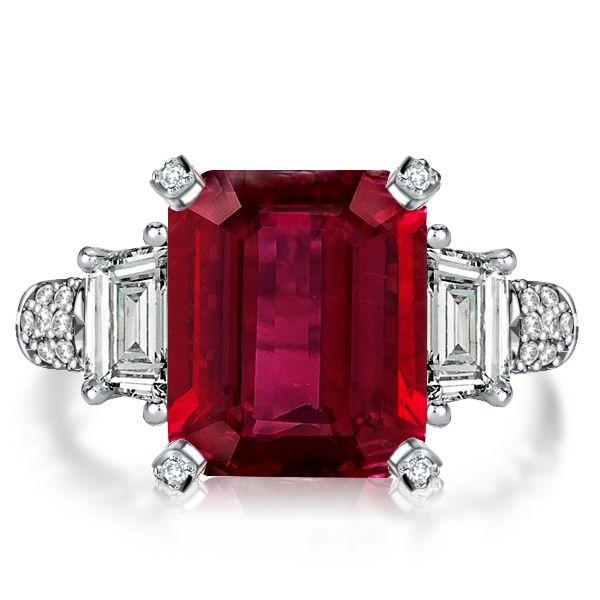 Ruby & Emerald Cut Three Stone Engagement Ring in Sterling Silver