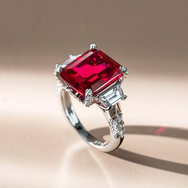 Ruby & Emerald Cut Three Stone Engagement Ring in Sterling Silver
