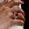 Ruby & Emerald Cut Three Stone Engagement Ring in Sterling Silver