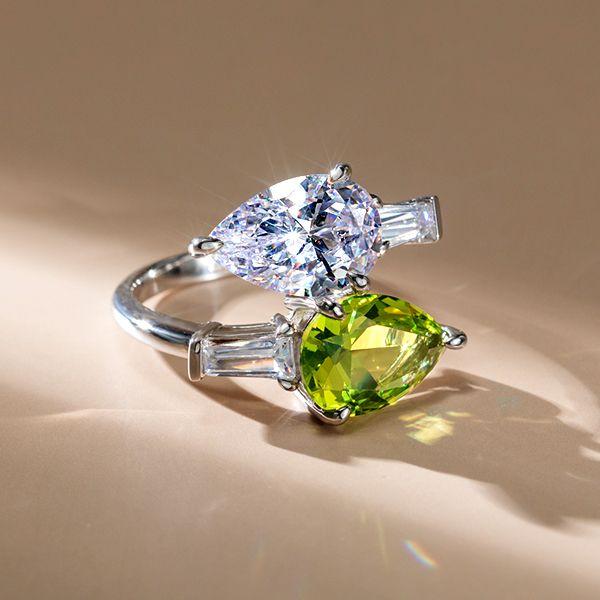 Peridot Pear Cut Twin Stone Ring - 925 Sterling Silver Engagement Ring