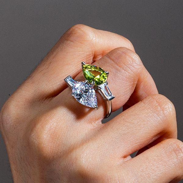 Peridot Pear Cut Twin Stone Ring - 925 Sterling Silver Engagement Ring