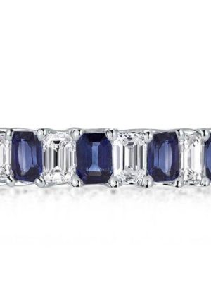 Eternity Emerald Cut Blue & White Simulated Diamond Wedding Band in Sterling Silver