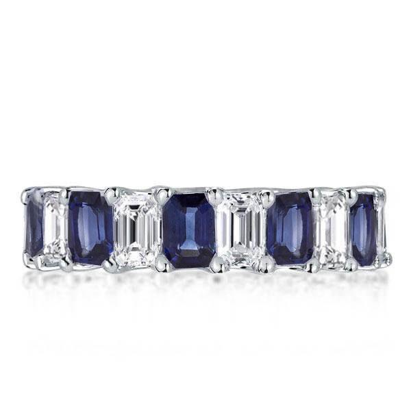 Eternity Emerald Cut Blue & White Simulated Diamond Wedding Band in Sterling Silver