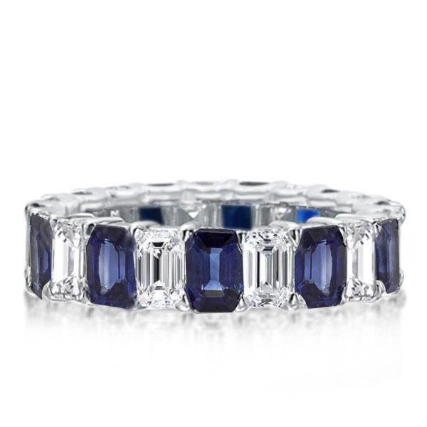 Eternity Emerald Cut Blue & White Simulated Diamond Wedding Band in Sterling Silver