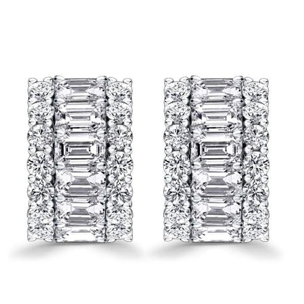 Emerald Cut Triple Row Hoop Earrings in Sterling Silver with Rhodium Finish